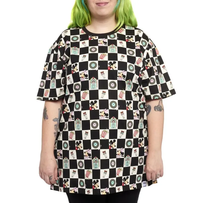 Mickey and Minnie Date Night Diner Checkered AllOver Print Tee Unisex Loungefly Apparel Mickey and Minnie Date Night Diner Checkered AllOver Print Tee Unisex Loungefly Apparel