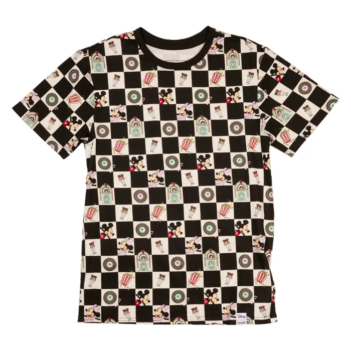Mickey and Minnie Date Night Diner Checkered AllOver Print Tee Unisex Loungefly Apparel Mickey and Minnie Date Night Diner Checkered AllOver Print Tee Unisex Loungefly Apparel