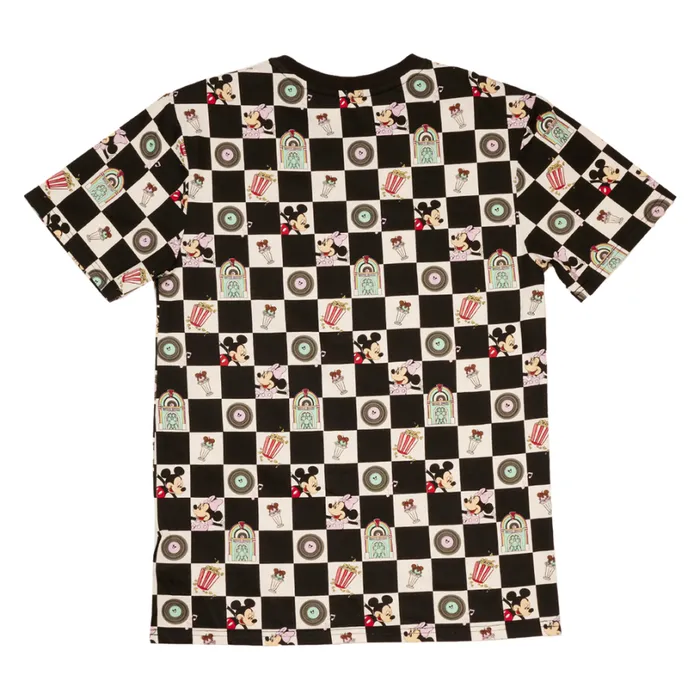Mickey and Minnie Date Night Diner Checkered AllOver Print Tee Unisex Loungefly Apparel Mickey and Minnie Date Night Diner Checkered AllOver Print Tee Unisex Loungefly Apparel
