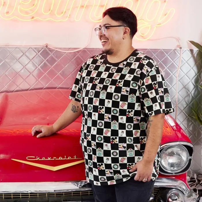 Mickey and Minnie Date Night Diner Checkered AllOver Print Tee Unisex Loungefly Apparel Mickey and Minnie Date Night Diner Checkered AllOver Print Tee Unisex Loungefly Apparel