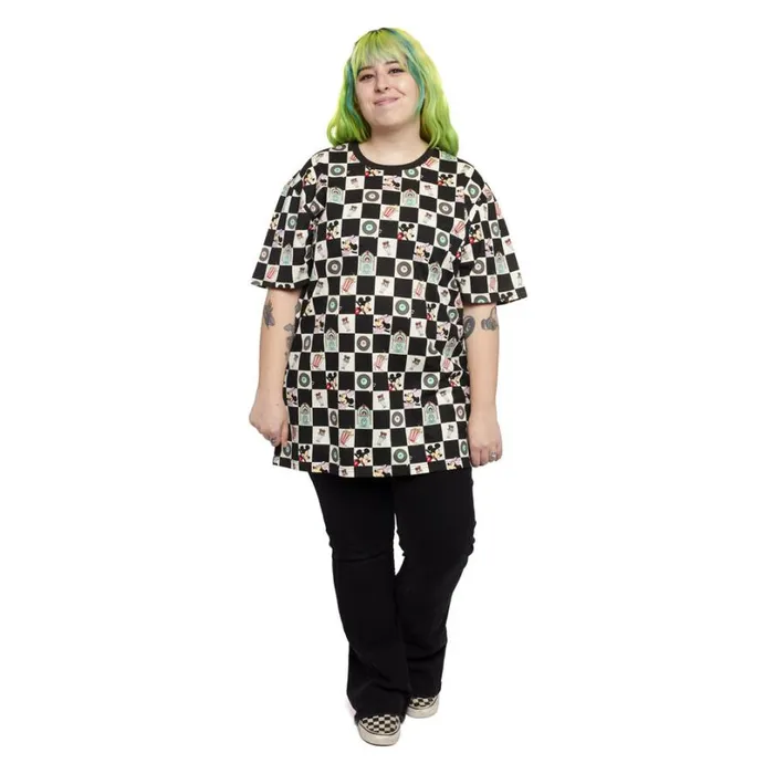 Mickey and Minnie Date Night Diner Checkered AllOver Print Tee Unisex Loungefly Apparel Mickey and Minnie Date Night Diner Checkered AllOver Print Tee Unisex Loungefly Apparel