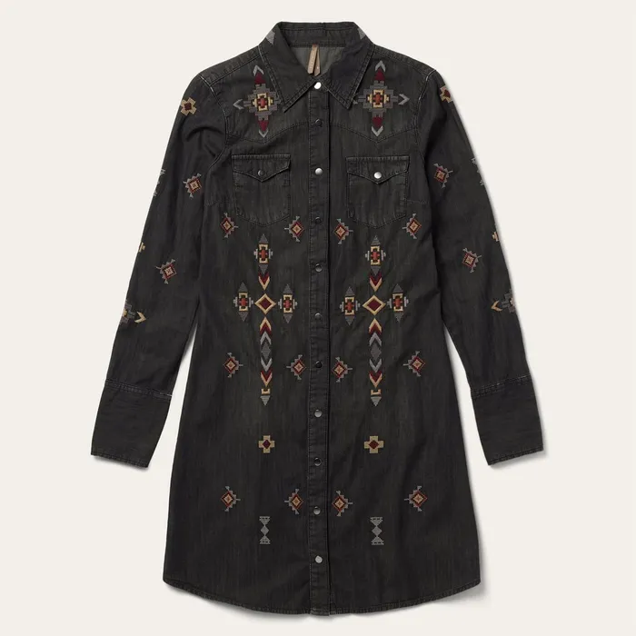 Mini Women Stetson Embroidered Black Denim Shirt Dress Black