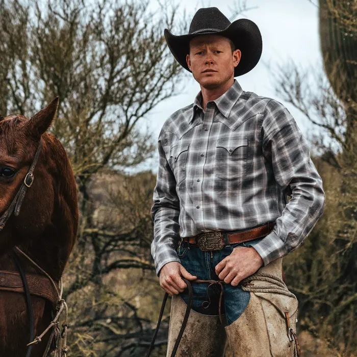 Modern Cut Men Stetson Dobby Twill Plaid Shirt Brown