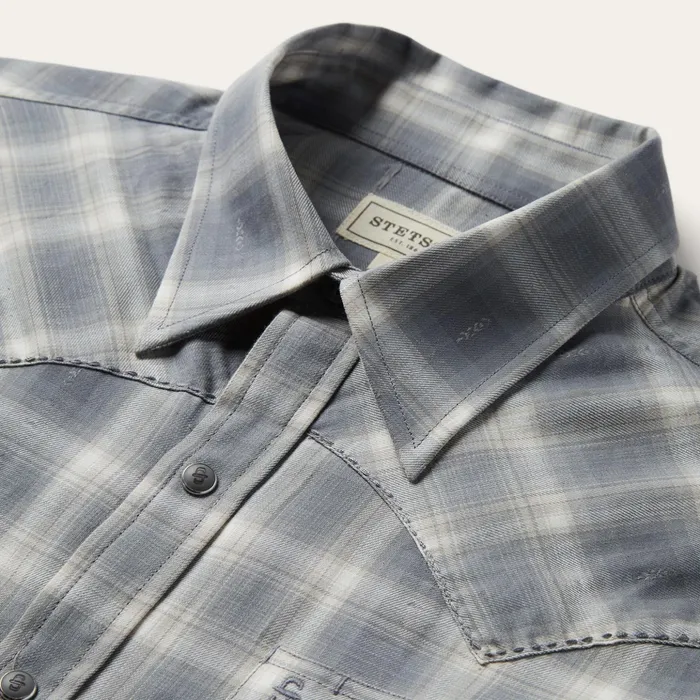 Modern Cut Men Stetson Dobby Twill Plaid Shirt Brown