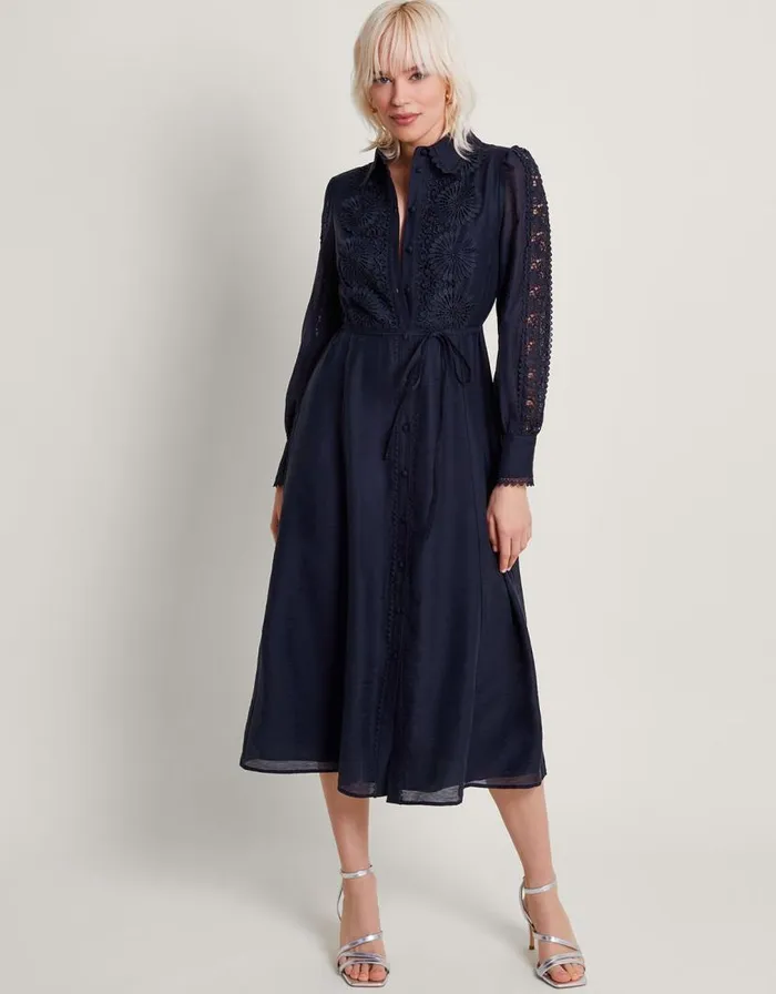 Monsoon Abi Lace Shirt Dress Blue Women Occasionwear