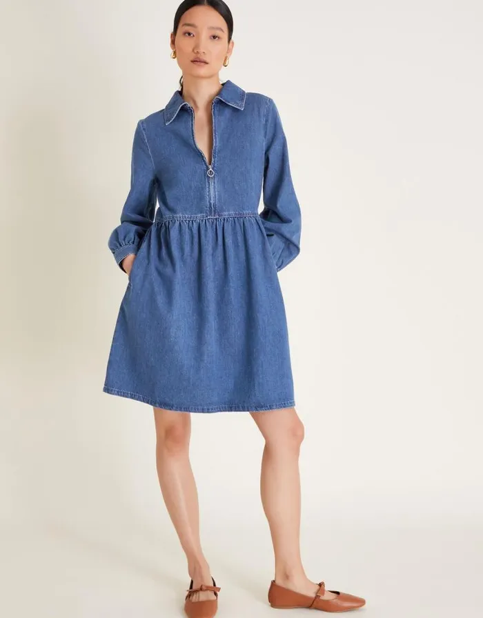 Monsoon Alana Shirt Zip Denim Dress Blue Women Casualwear