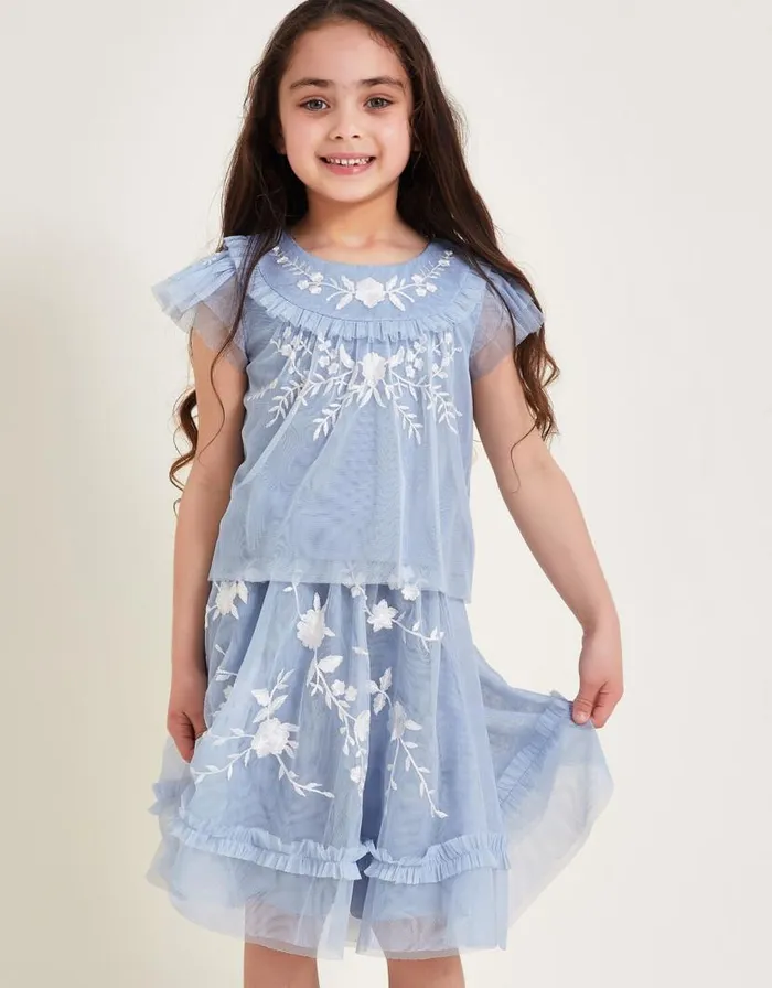Monsoon Andrea Embroidered Tulle Top Blue Children Partywear