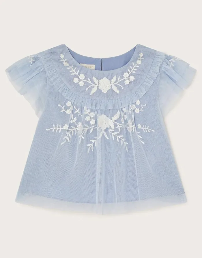 Monsoon Andrea Embroidered Tulle Top Blue Children Partywear Monsoon Andrea Embroidered Tulle Top Blue Children Partywear