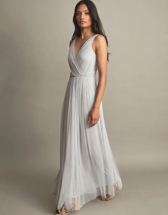 Monsoon Anne Mesh Maxi Dress Silver Women Occasionwear