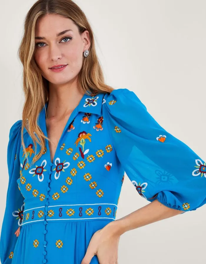Monsoon Blair Embroidered Shirt Dress In Recycled Polyester Blue Women Occasionwear Monsoon Blair Embroidered Shirt Dress In Recycled Polyester Blue Women Occasionwear