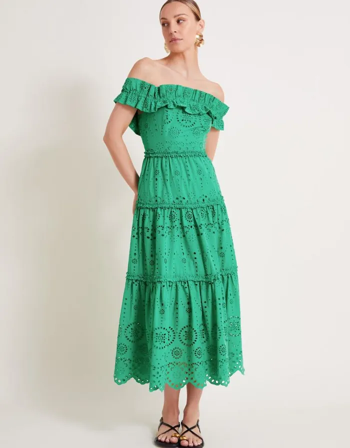 Monsoon Brynn Broderie Dress Green Women Occasionwear