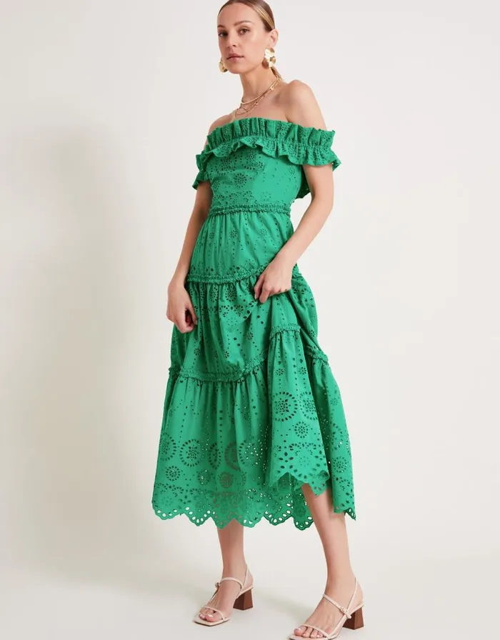 Monsoon Brynn Broderie Dress Green Women Occasionwear