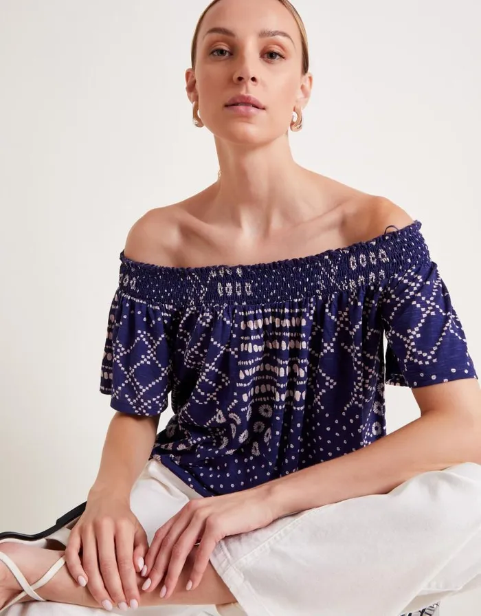 Monsoon Cindy Print Bardot Top Blue Women Tops and Blouses