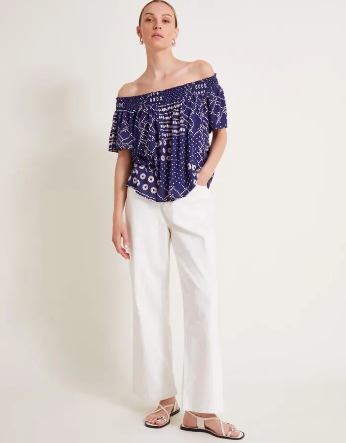 Monsoon Cindy Print Bardot Top Blue Women Tops and Blouses Monsoon Cindy Print Bardot Top Blue Women Tops and Blouses