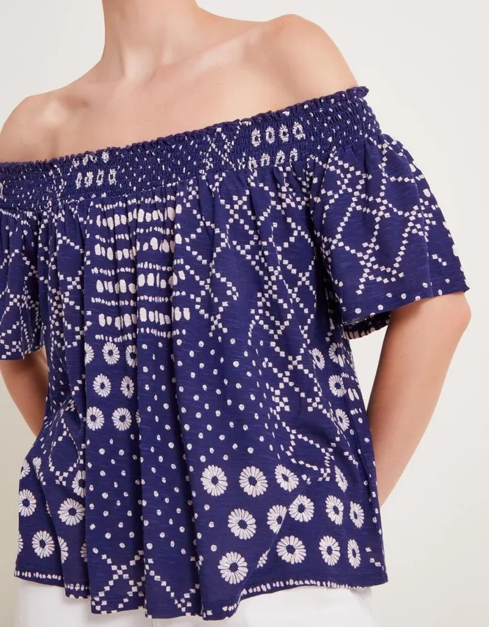 Monsoon Cindy Print Bardot Top Blue Women Tops and Blouses Monsoon Cindy Print Bardot Top Blue Women Tops and Blouses