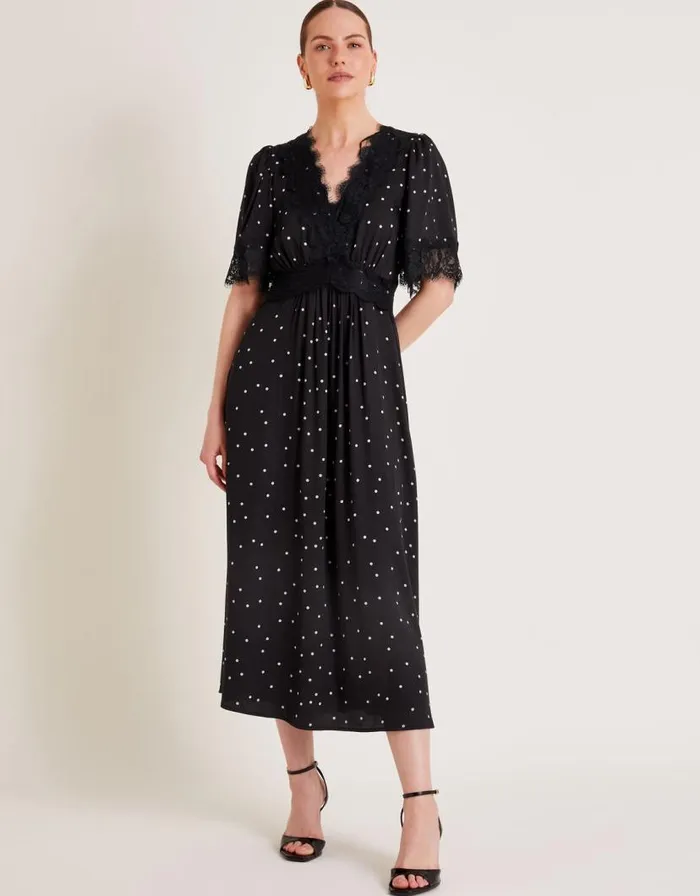 Monsoon Clea Spot Dress Black Women Day Dresses