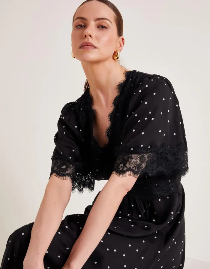 Monsoon Clea Spot Dress Black Women Day Dresses