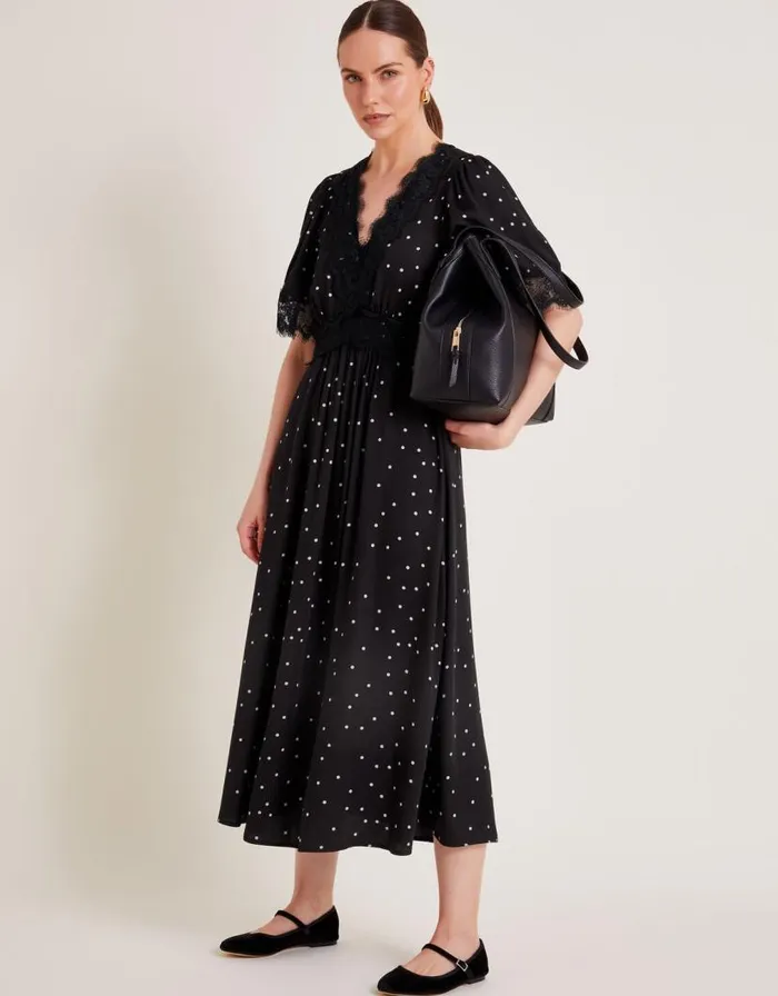 Monsoon Clea Spot Dress Black Women Day Dresses