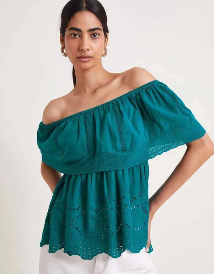 Monsoon Cleo Broderie Bardot Top Teal Women Tops and Blouses
