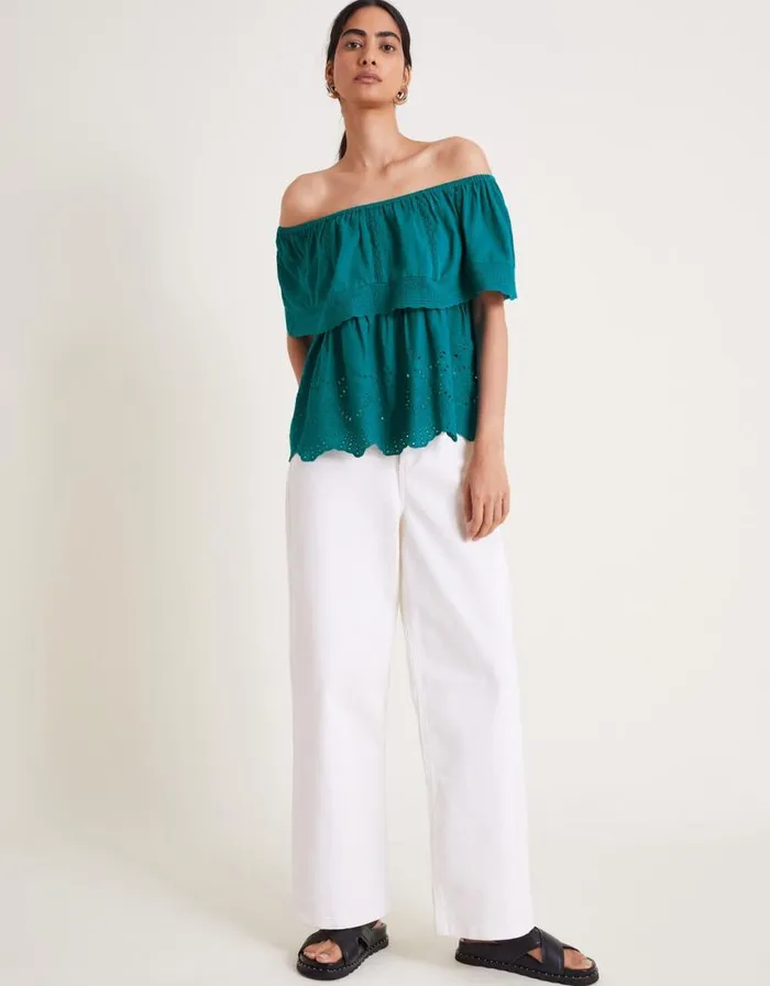 Monsoon Cleo Broderie Bardot Top Teal Women Tops and Blouses Monsoon Cleo Broderie Bardot Top Teal Women Tops and Blouses