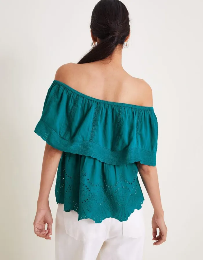 Monsoon Cleo Broderie Bardot Top Teal Women Tops and Blouses Monsoon Cleo Broderie Bardot Top Teal Women Tops and Blouses