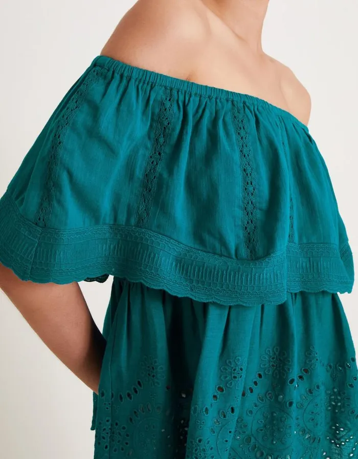 Monsoon Cleo Broderie Bardot Top Teal Women Tops and Blouses Monsoon Cleo Broderie Bardot Top Teal Women Tops and Blouses