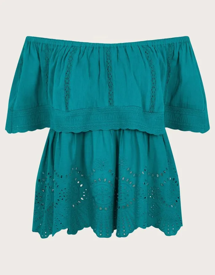 Monsoon Cleo Broderie Bardot Top Teal Women Tops and Blouses Monsoon Cleo Broderie Bardot Top Teal Women Tops and Blouses