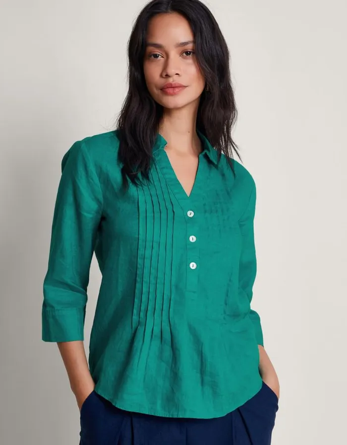 Monsoon Elsie Pintuck Linen Blouse Teal Women Tops and Blouses
