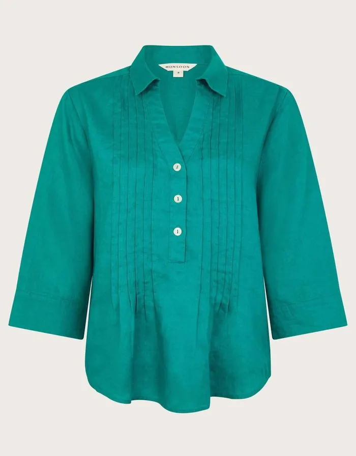 Monsoon Elsie Pintuck Linen Blouse Teal Women Tops and Blouses Monsoon Elsie Pintuck Linen Blouse Teal Women Tops and Blouses