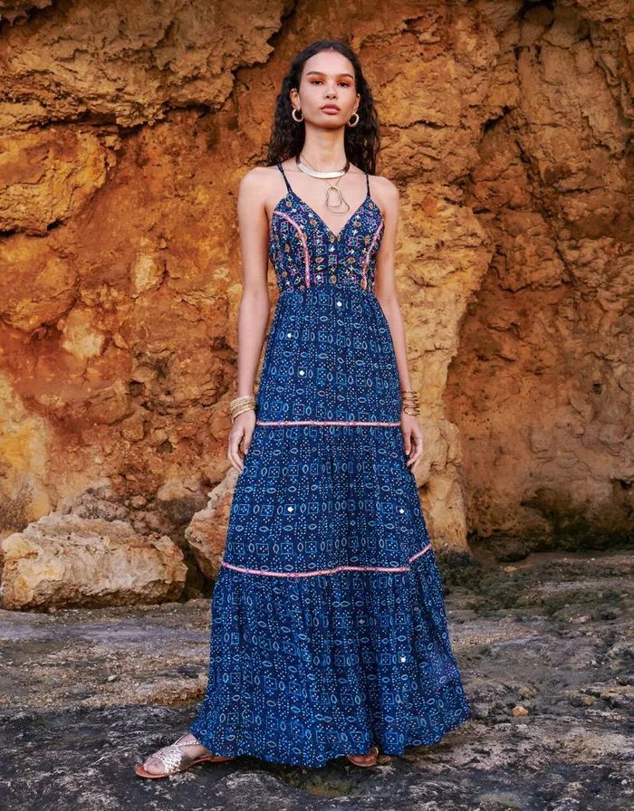 Monsoon Embellished Print Maxi Cami Dress In Sustainable Viscose Blue Women Beachwear and Swimwear Monsoon Embellished Print Maxi Cami Dress In Sustainable Viscose Blue Women Beachwear and Swimwear