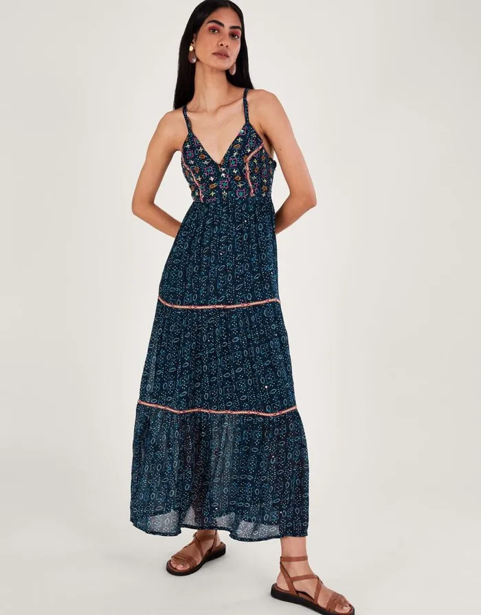 Monsoon Embellished Print Maxi Cami Dress In Sustainable Viscose Blue Women Beachwear and Swimwear Monsoon Embellished Print Maxi Cami Dress In Sustainable Viscose Blue Women Beachwear and Swimwear