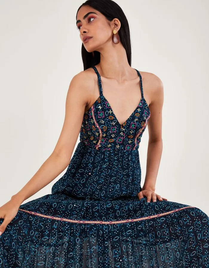 Monsoon Embellished Print Maxi Cami Dress In Sustainable Viscose Blue Women Beachwear and Swimwear Monsoon Embellished Print Maxi Cami Dress In Sustainable Viscose Blue Women Beachwear and Swimwear
