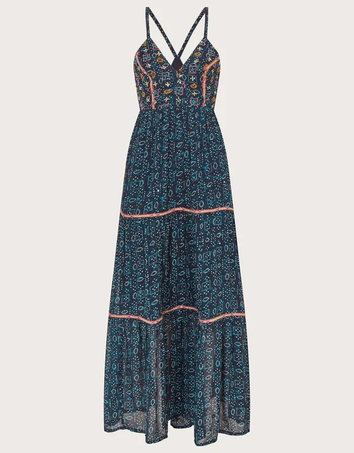 Monsoon Embellished Print Maxi Cami Dress In Sustainable Viscose Blue Women Beachwear and Swimwear Monsoon Embellished Print Maxi Cami Dress In Sustainable Viscose Blue Women Beachwear and Swimwear