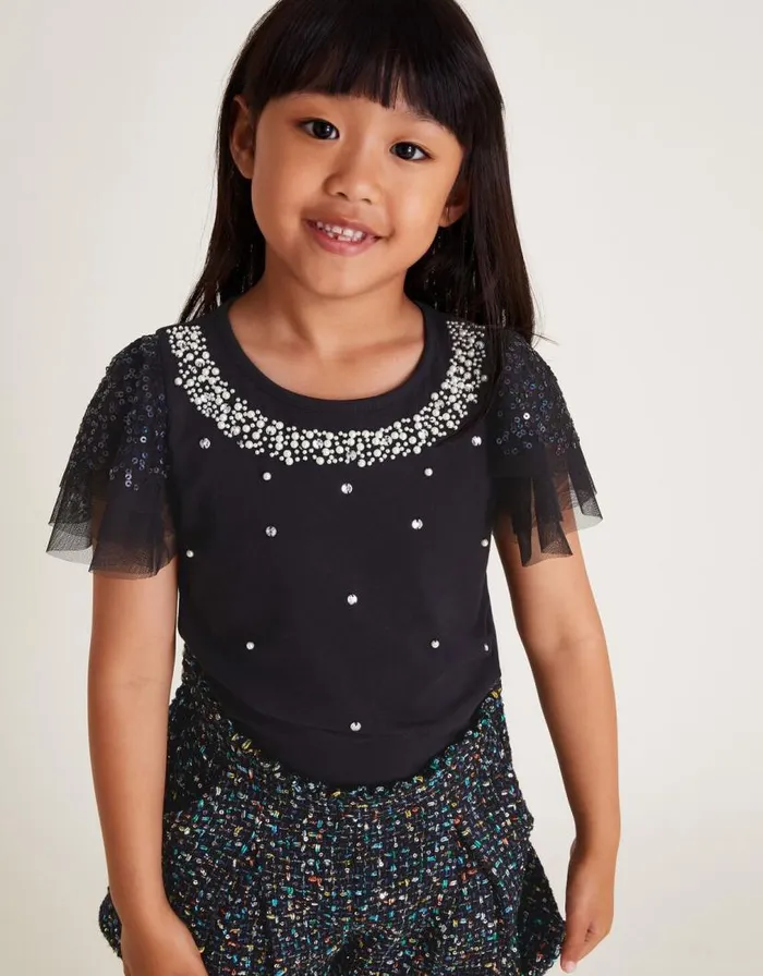 Monsoon Embellished Tulle Sleeve TShirt Black Children Tops and Tshirts