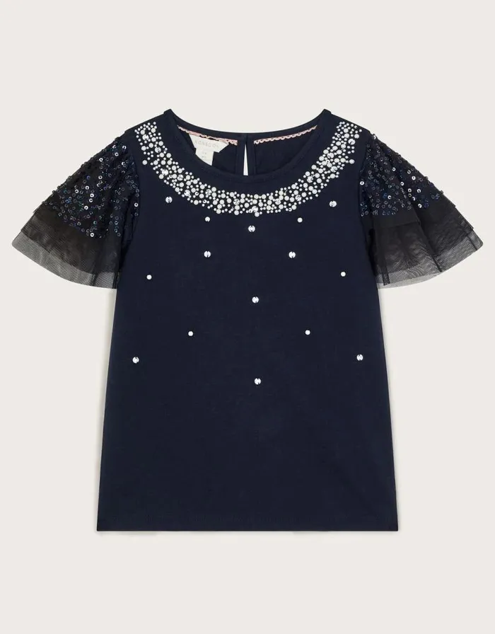 Monsoon Embellished Tulle Sleeve TShirt Black Children Tops and Tshirts Monsoon Embellished Tulle Sleeve TShirt Black Children Tops and Tshirts