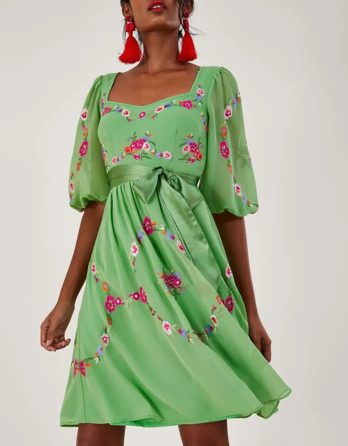 Monsoon Emelia Floral Embroidered Dress In Recycled Polyester Green Women Occasionwear Monsoon Emelia Floral Embroidered Dress In Recycled Polyester Green Women Occasionwear