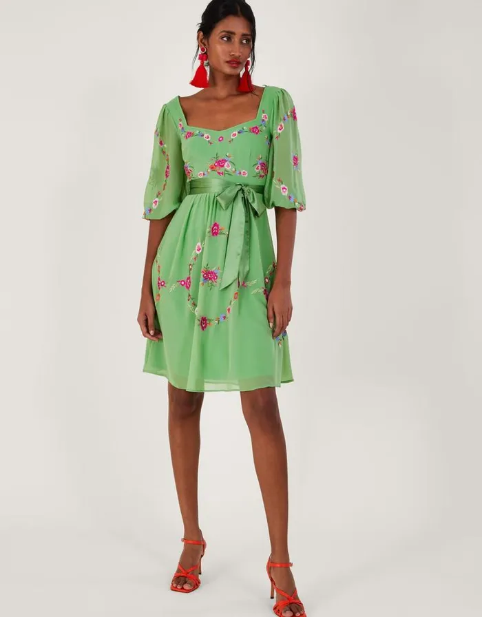 Monsoon Emelia Floral Embroidered Dress In Recycled Polyester Green Women Occasionwear Monsoon Emelia Floral Embroidered Dress In Recycled Polyester Green Women Occasionwear
