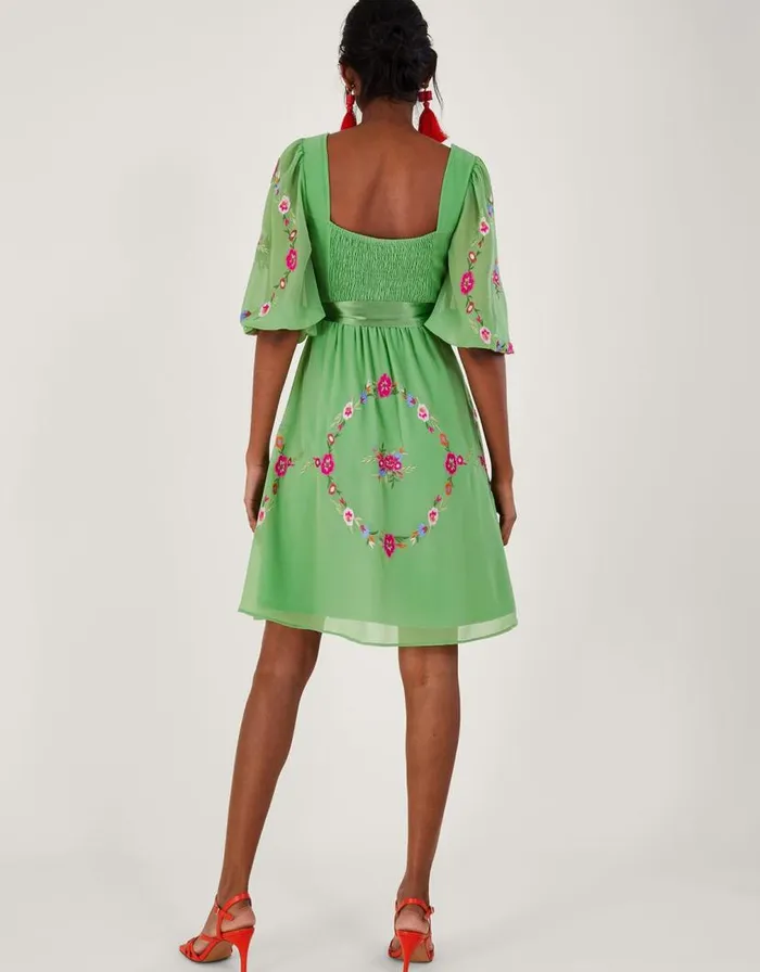 Monsoon Emelia Floral Embroidered Dress In Recycled Polyester Green Women Occasionwear Monsoon Emelia Floral Embroidered Dress In Recycled Polyester Green Women Occasionwear