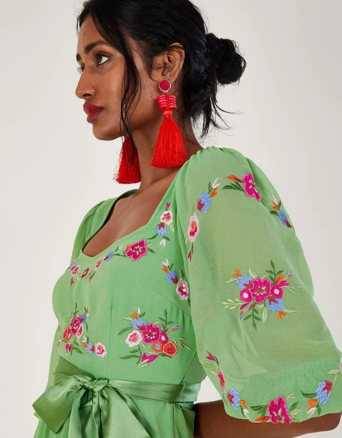 Monsoon Emelia Floral Embroidered Dress In Recycled Polyester Green Women Occasionwear Monsoon Emelia Floral Embroidered Dress In Recycled Polyester Green Women Occasionwear