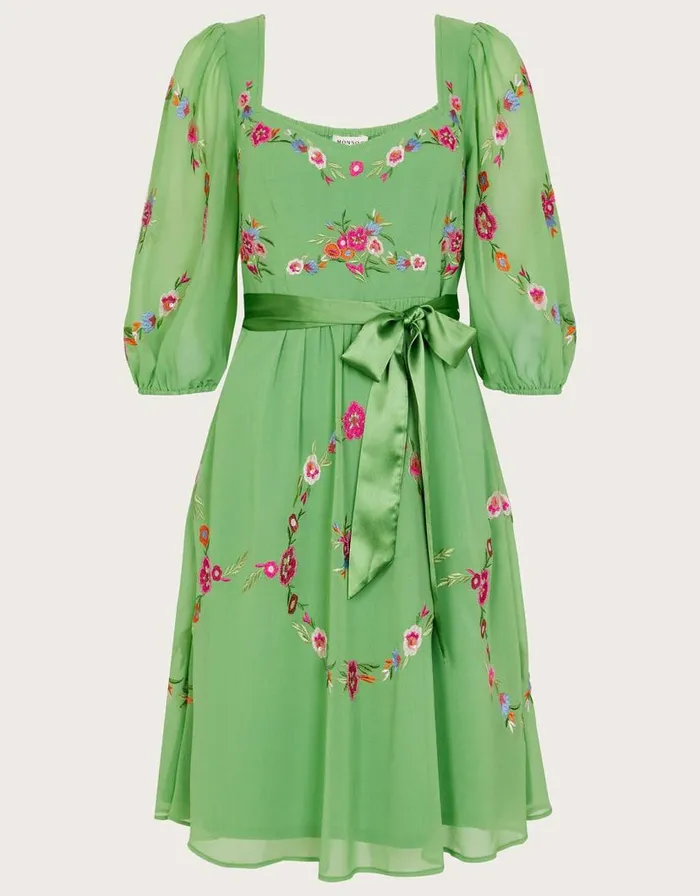 Monsoon Emelia Floral Embroidered Dress In Recycled Polyester Green Women Occasionwear Monsoon Emelia Floral Embroidered Dress In Recycled Polyester Green Women Occasionwear