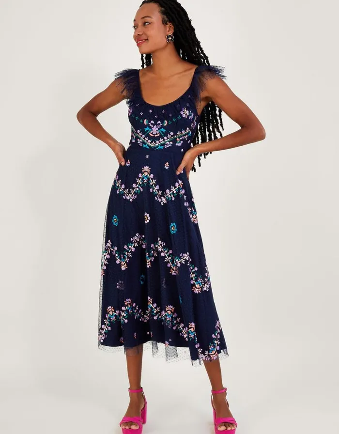 Monsoon Fiorella Frill Strap Embroidered Dress Blue Women Occasionwear