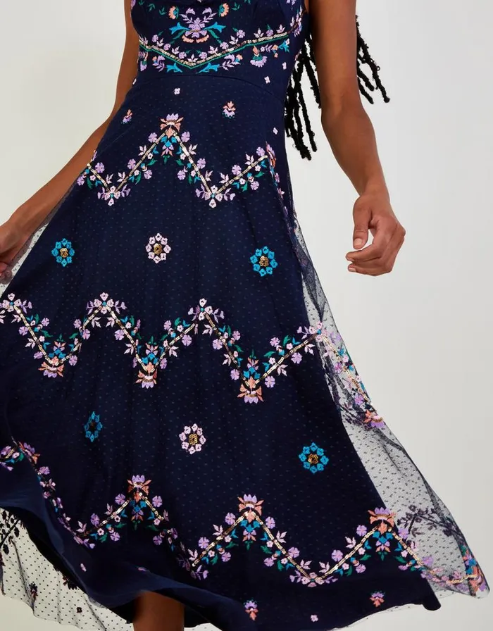 Monsoon Fiorella Frill Strap Embroidered Dress Blue Women Occasionwear