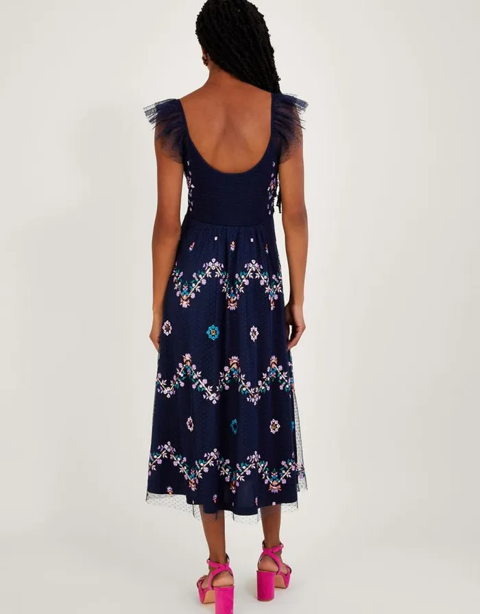 Monsoon Fiorella Frill Strap Embroidered Dress Blue Women Occasionwear