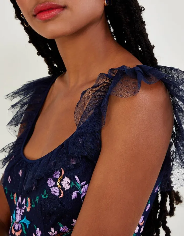 Monsoon Fiorella Frill Strap Embroidered Dress Blue Women Occasionwear