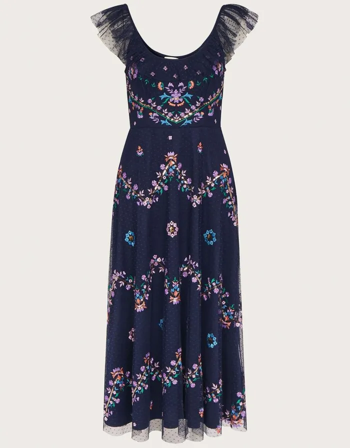 Monsoon Fiorella Frill Strap Embroidered Dress Blue Women Occasionwear