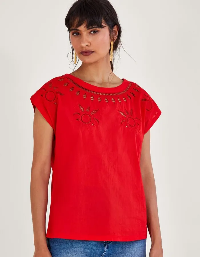 Monsoon Floral CutOut TShirt Red Women Tops and Blouses