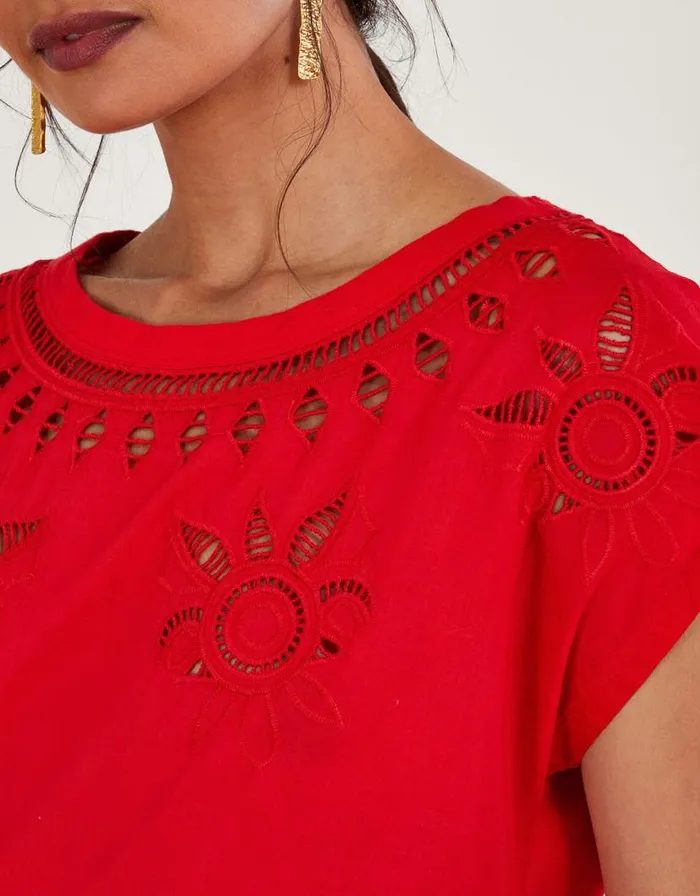 Monsoon Floral CutOut TShirt Red Women Tops and Blouses Monsoon Floral CutOut TShirt Red Women Tops and Blouses