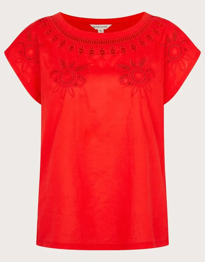 Monsoon Floral CutOut TShirt Red Women Tops and Blouses Monsoon Floral CutOut TShirt Red Women Tops and Blouses