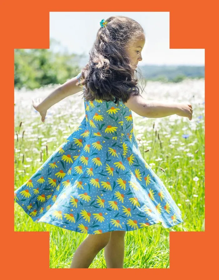 Monsoon Frugi Floral Skater Dress Blue Children Dresses
