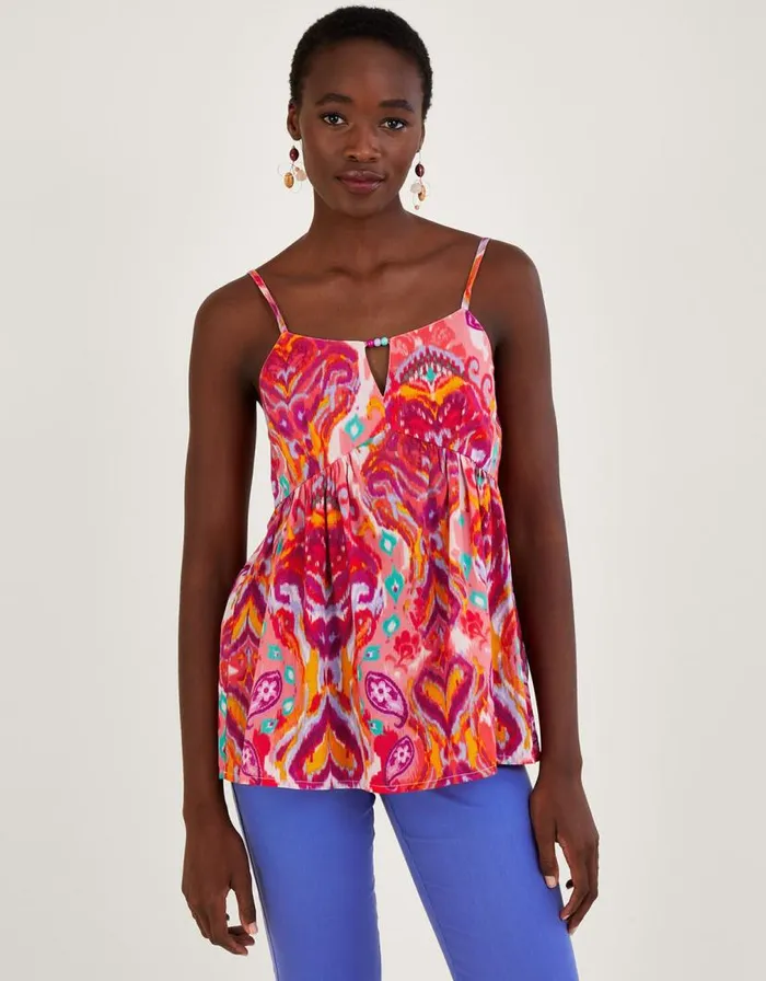 Monsoon Ikat Paisley Print CutOut Cami In Sustainable Cotton Pink Women Tops and Blouses Monsoon Ikat Paisley Print CutOut Cami In Sustainable Cotton Pink Women Tops and Blouses